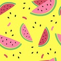 Seamless watermelon pattern on yellow background. Slices of fruit with seeds. Design for textile, fabric, wrapper, print Royalty Free Stock Photo